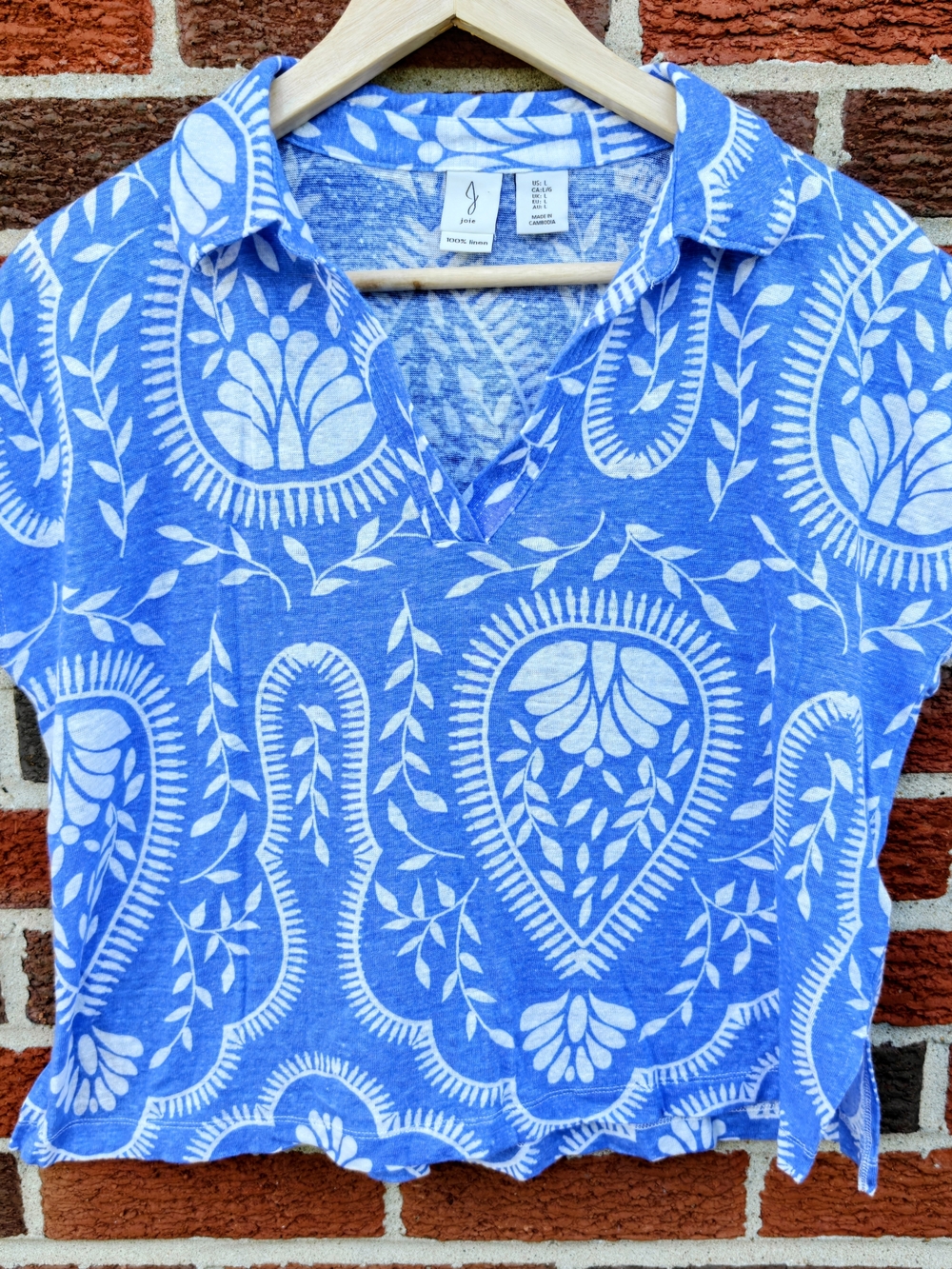 Joie Blue White Floral 100% Linen Collared V-Neck Top Large Vacation Shirt